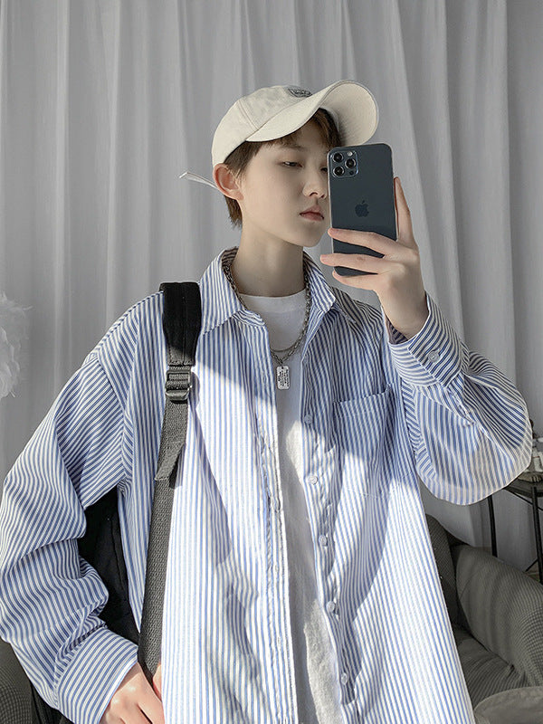 Japanese Style Blue White Striped Long Sleeve Shirt