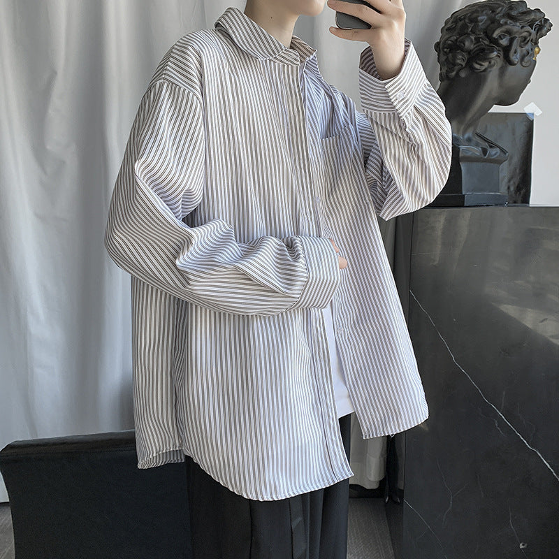 Japanese Style Blue White Striped Long Sleeve Shirt