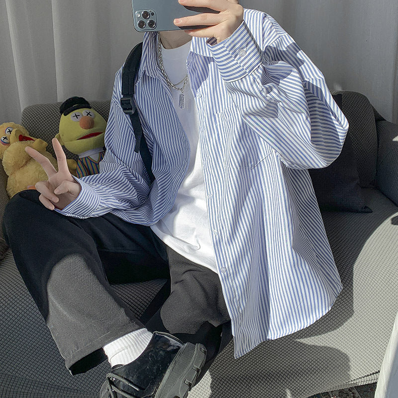 Japanese Style Blue White Striped Long Sleeve Shirt